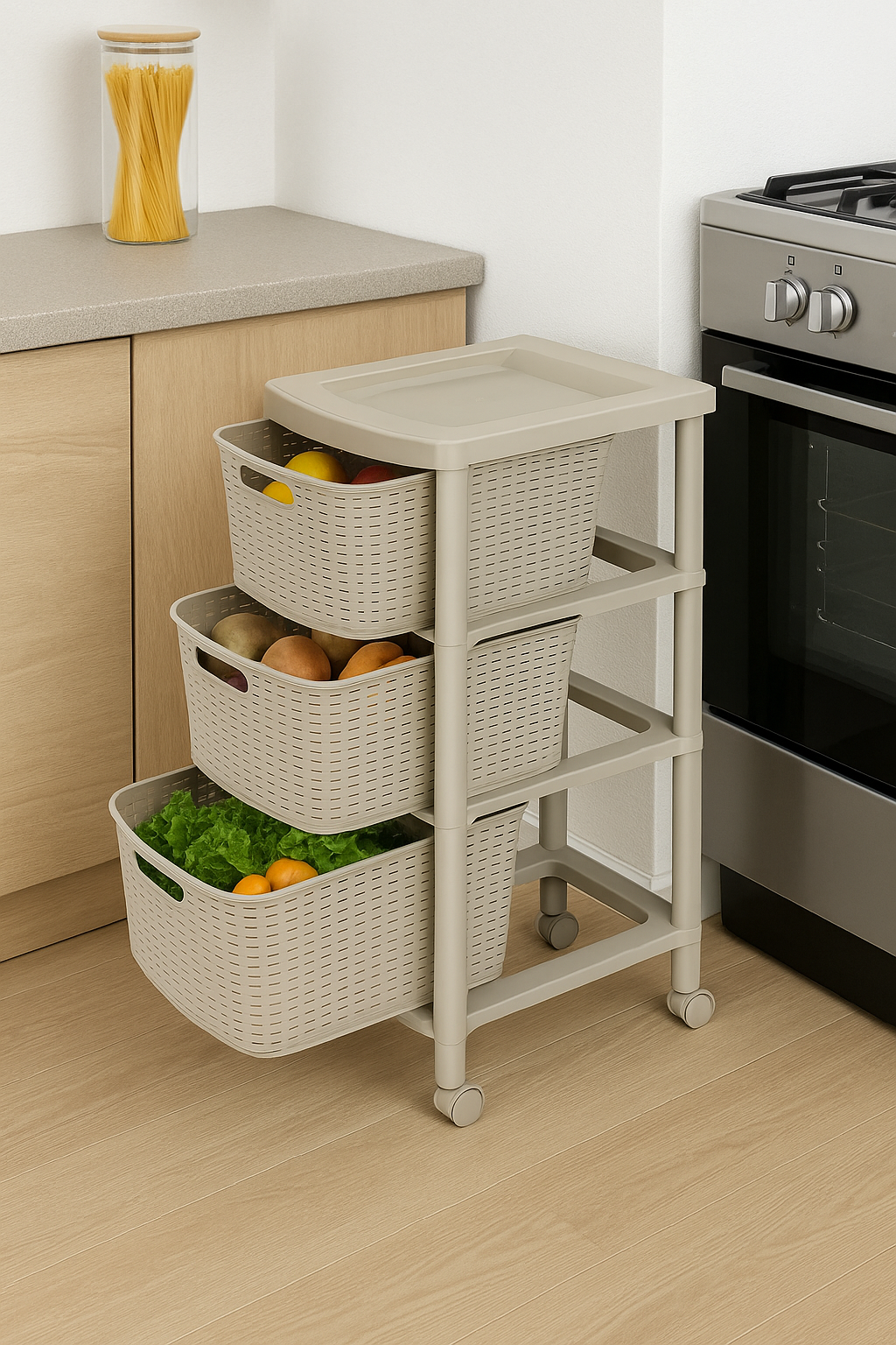 Cajonera Organizadora de Plástico Gavetero 3 Niveles Símil Ratan Rimax Taupe