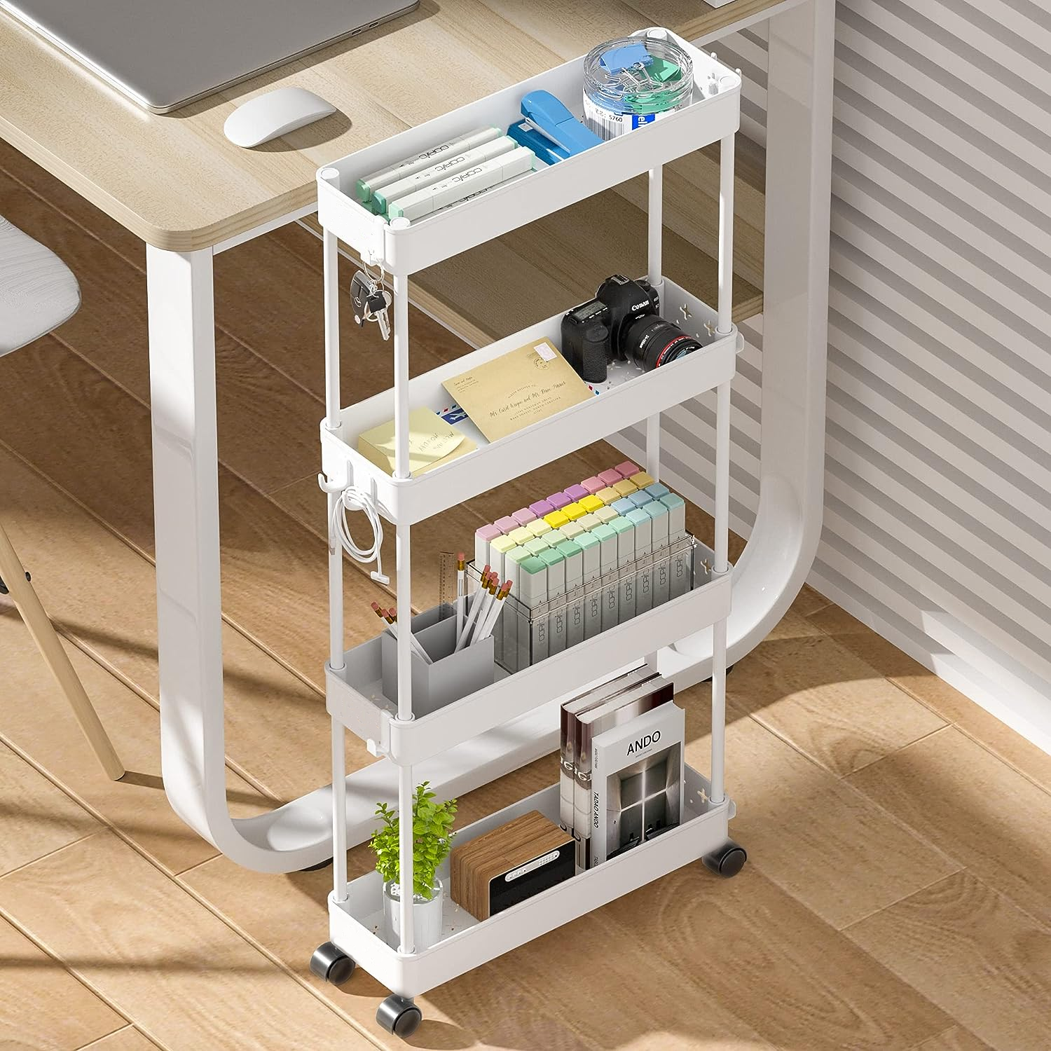 Carro Organizador De Plástico 4 Estantes, Fino Con Ruedas Blanco