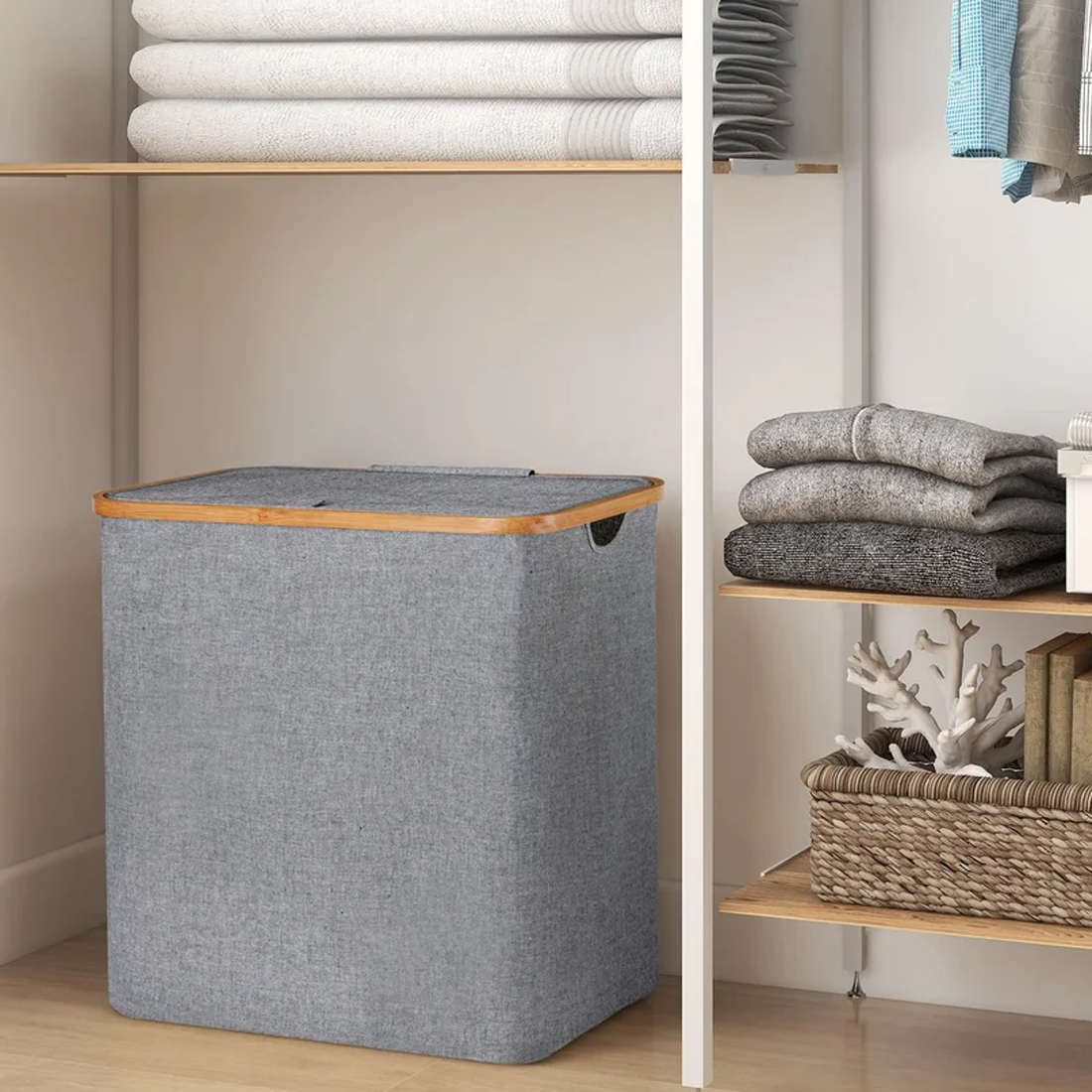Cesto De Ropa Tela Bambú Con Tapa 96 Lt Gris Lisa