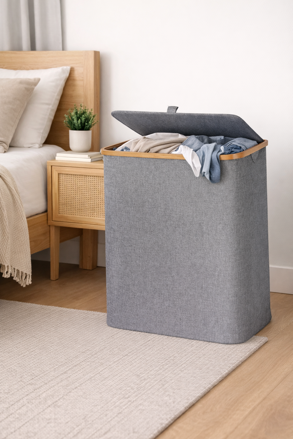 Cesto De Ropa Tela Bambú Con Tapa 96 Lt Gris Lisa