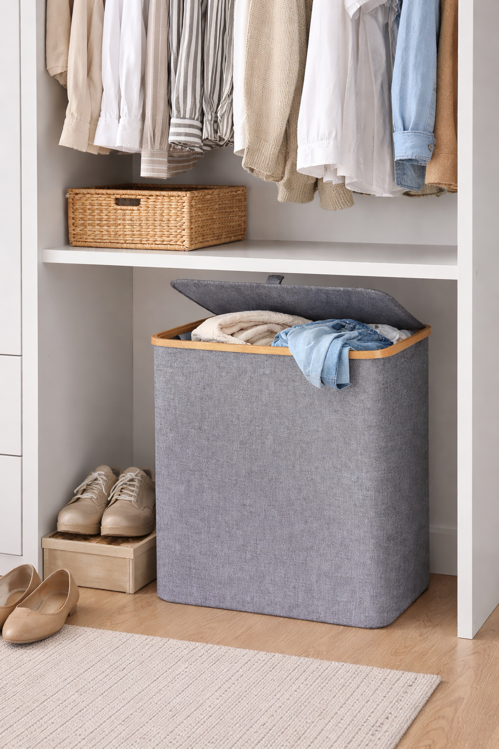 Cesto De Ropa Tela Bambú Con Tapa 96 Lt Gris Lisa