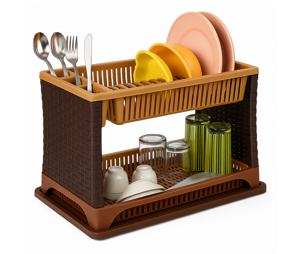 Escurre Platos De 2 Pisos Plástico Símil Rattan Con Bandeja Marrón B