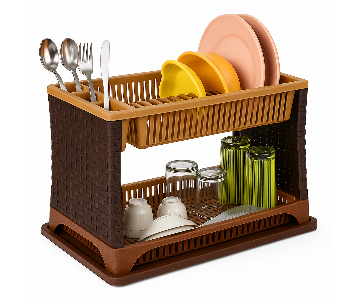 Escurre Platos De 2 Pisos Plástico Símil Rattan Con Bandeja Marrón B