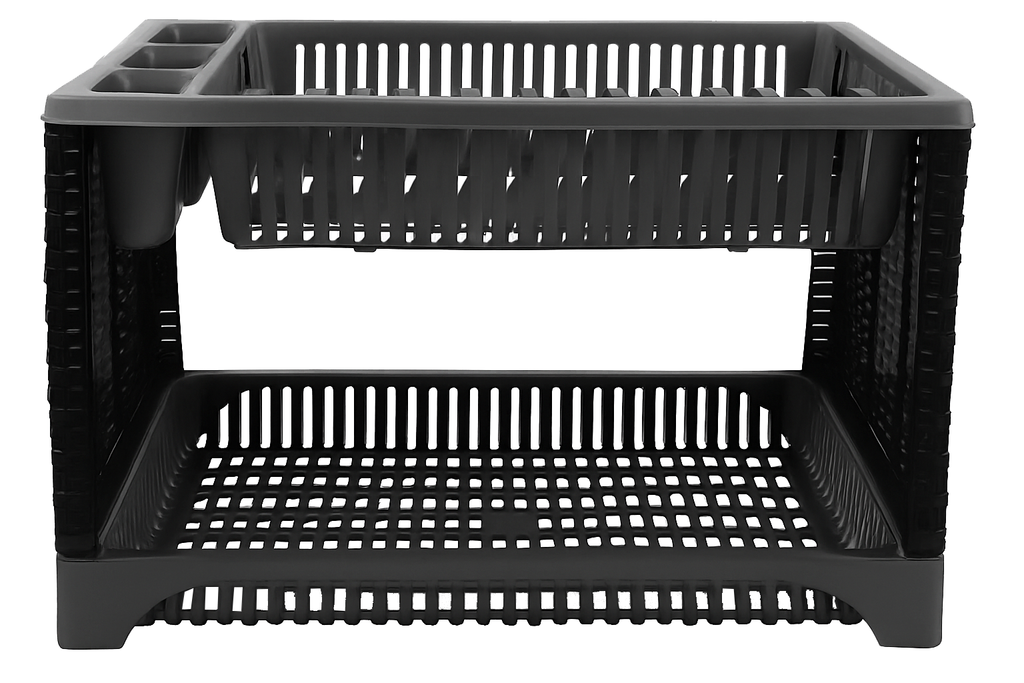 Escurre Platos De 2 Pisos Plástico Símil Rattan Con Bandeja Negro y Gris