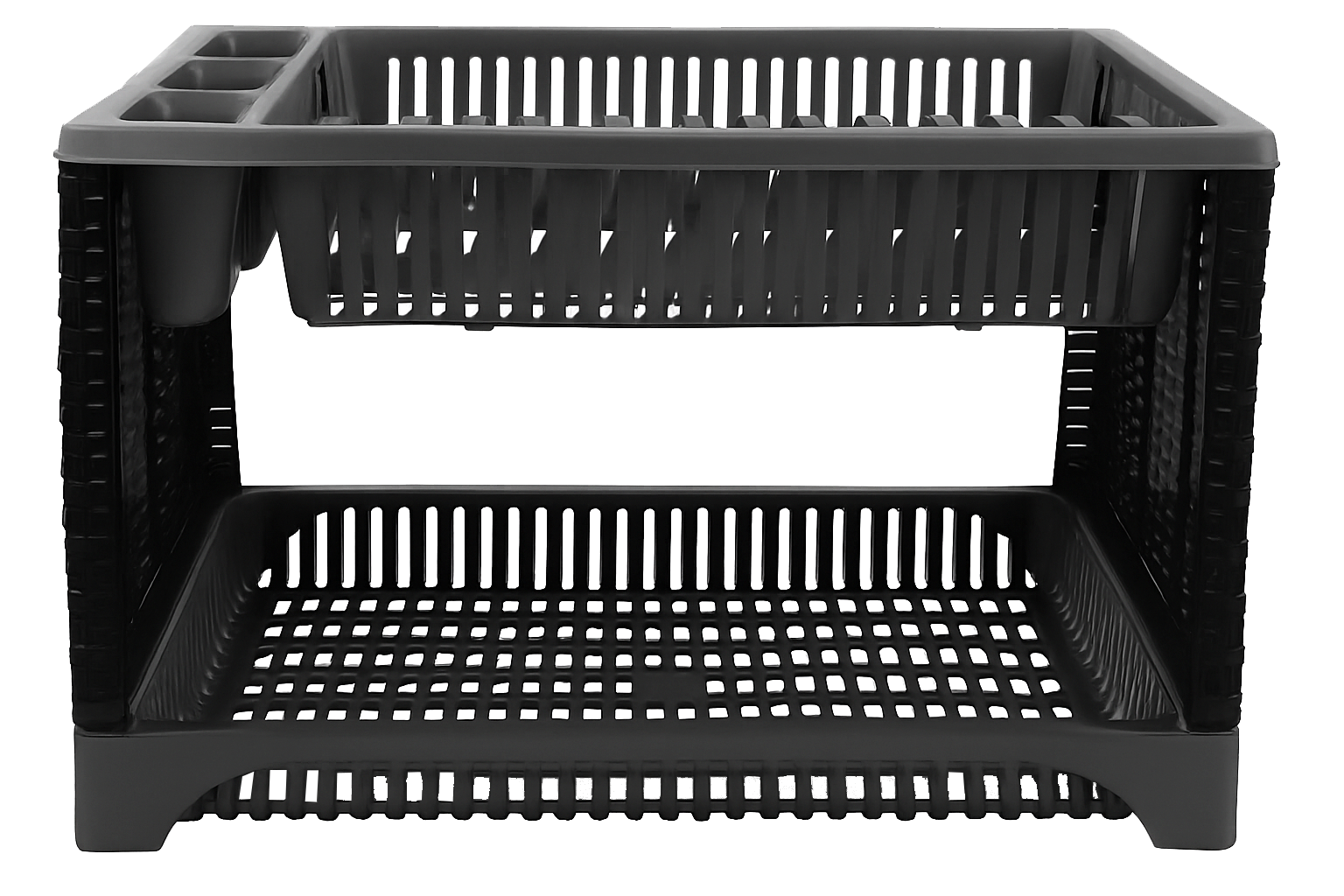 Escurre Platos De 2 Pisos Plástico Símil Rattan Con Bandeja Negro y Gris