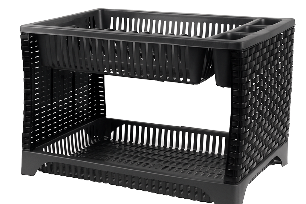 Escurre Platos De 2 Pisos Plástico Símil Rattan Con Bandeja Negro y Gris