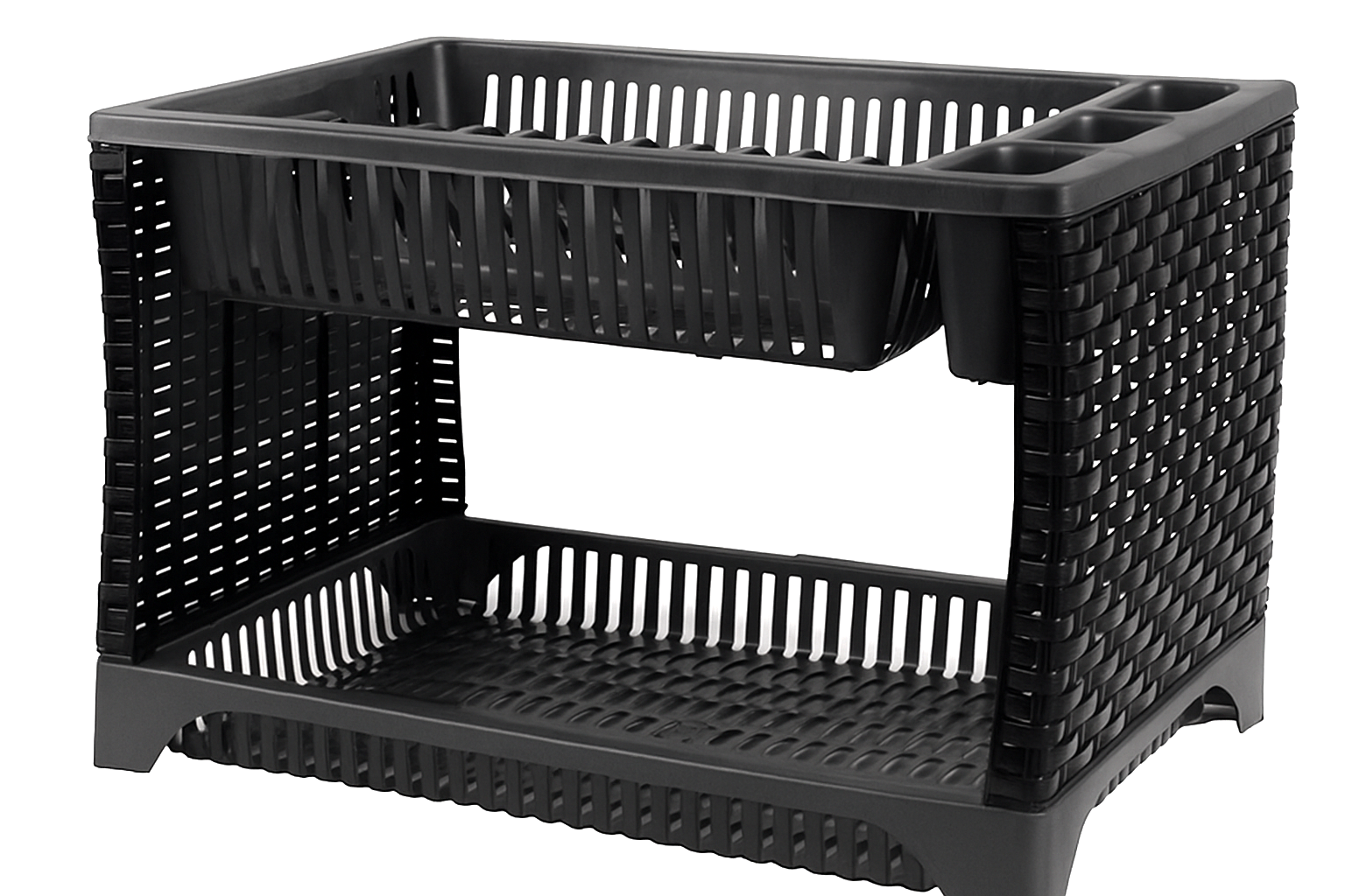 Escurre Platos De 2 Pisos Plástico Símil Rattan Con Bandeja Negro y Gris