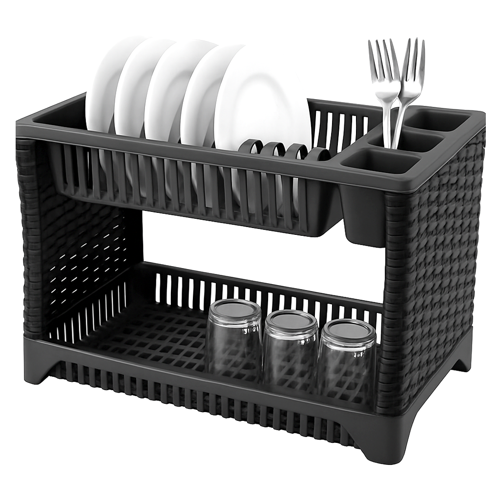 Escurre Platos De 2 Pisos Plástico Símil Rattan Con Bandeja Negro y Gris