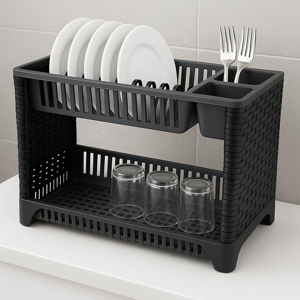 Escurre Platos De 2 Pisos Plástico Símil Rattan Con Bandeja Negro y Gris