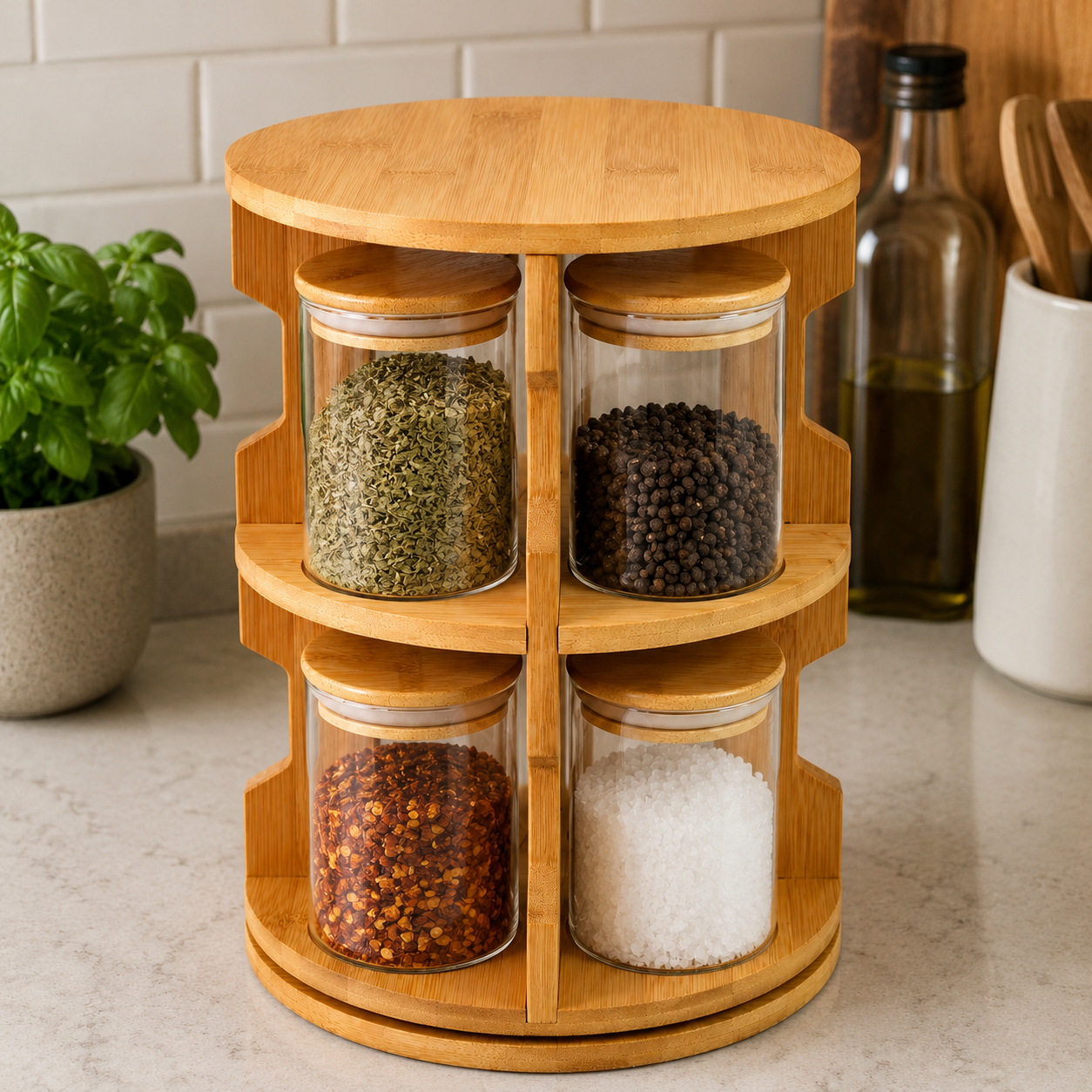 Especiero Para Condimentos Cocina Giratorio 8 Frascos de Bambú y Vidrio