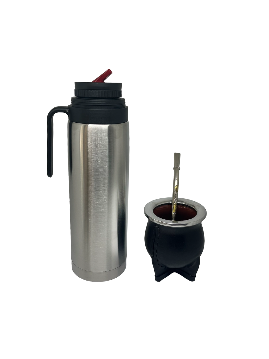 Set De Mate Cuero Con Termo De 1 Litro Y Bombilla De Bronce