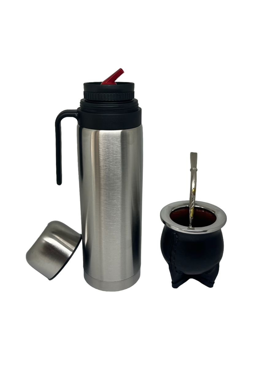 Set De Mate Cuero Con Termo De 1 Litro Y Bombilla De Bronce
