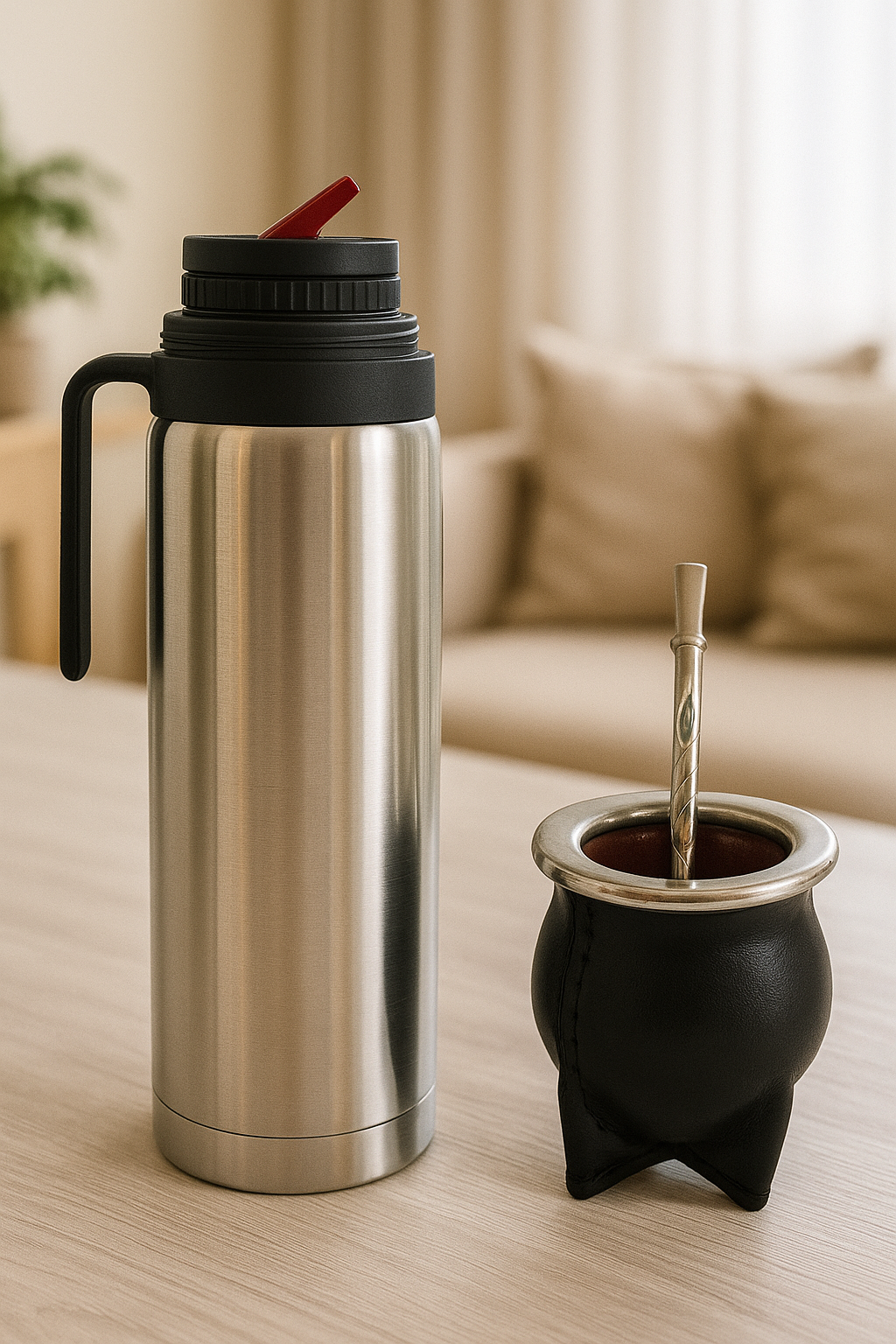Set De Mate Cuero Con Termo De 1 Litro Y Bombilla De Bronce