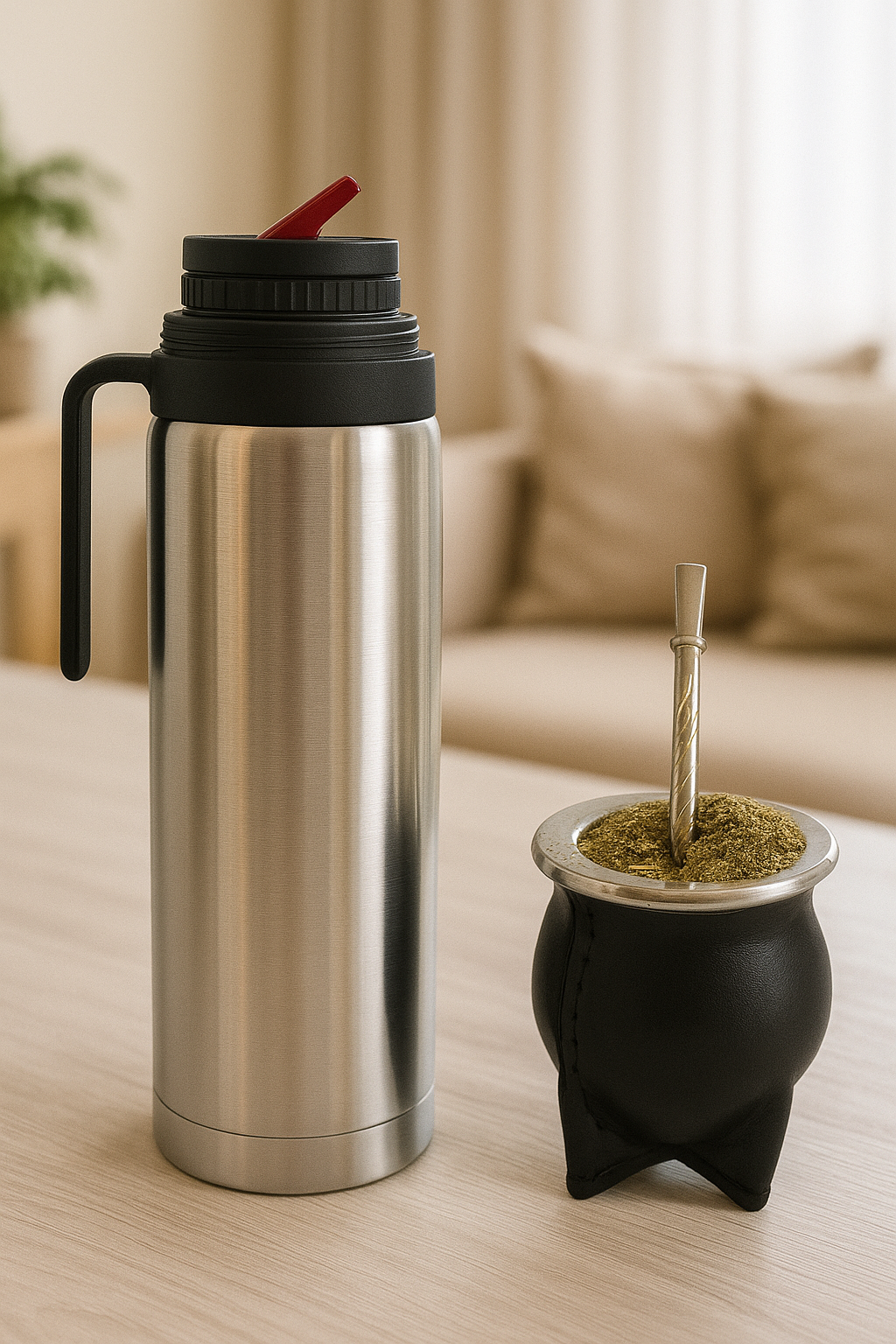 Set De Mate Cuero Con Termo De 1 Litro Y Bombilla De Bronce