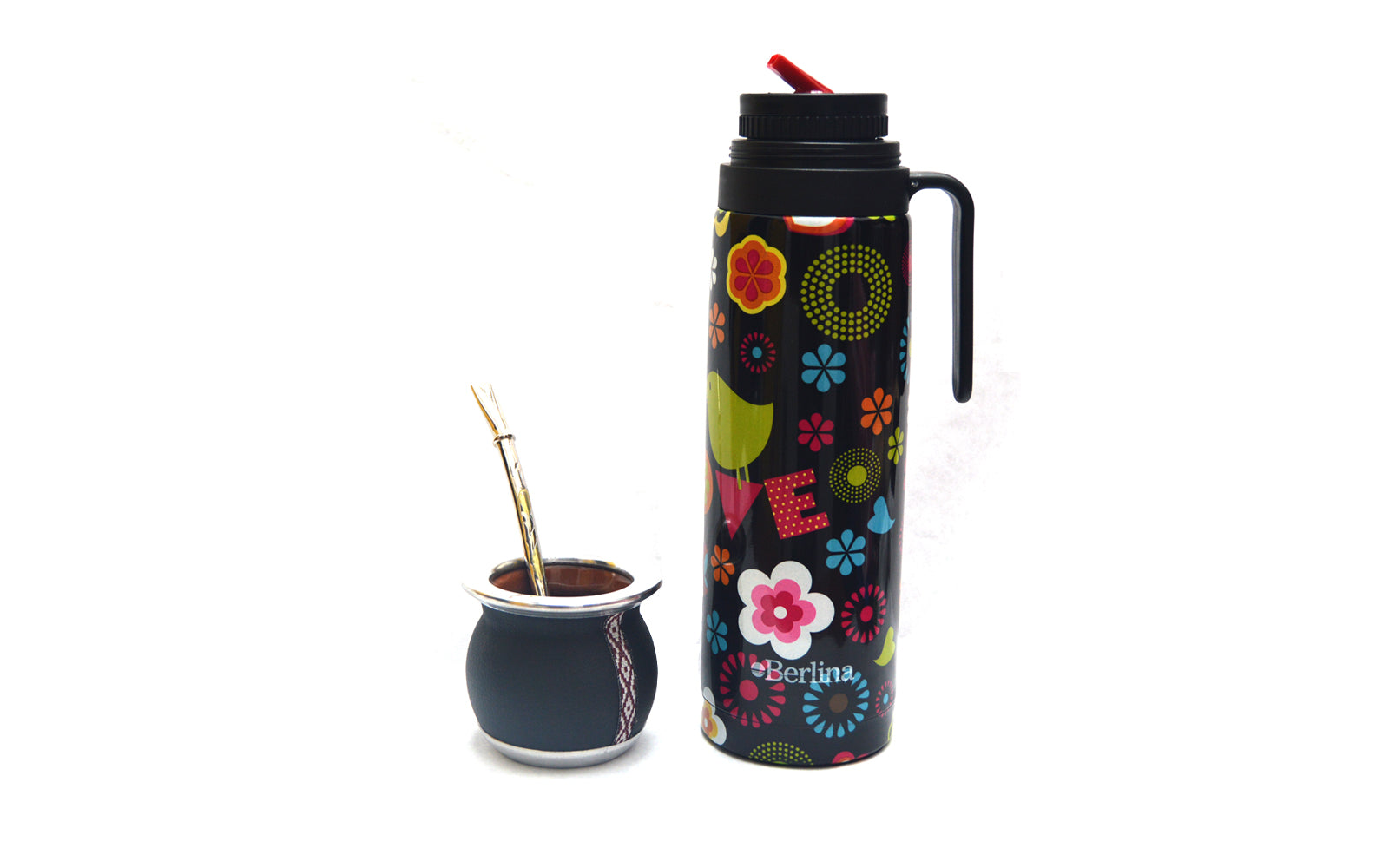 Set de Termo 1 Lt Floreado Con Mate de Cerámica y Bombilla de Bronce
