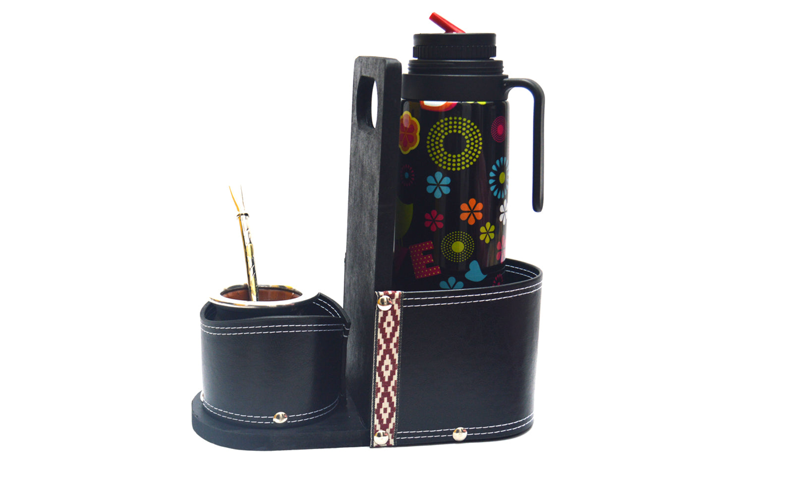 Set de Termo Floreado 1 Lt + Mate de Cerámica + Bombilla de Bronce + Matera de Auto