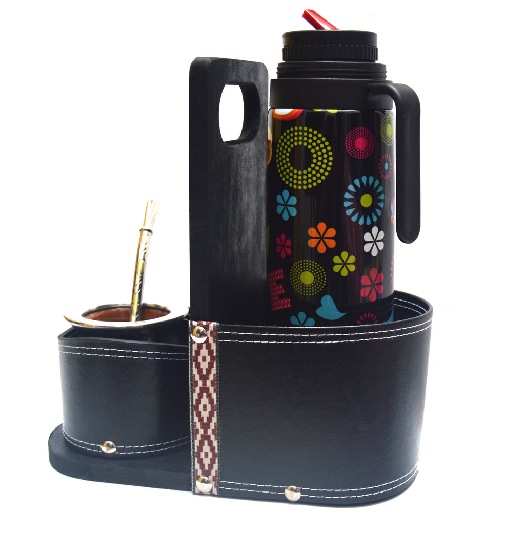 Set de Termo Floreado 1 Lt + Mate de Cerámica + Bombilla de Bronce + Matera de Auto