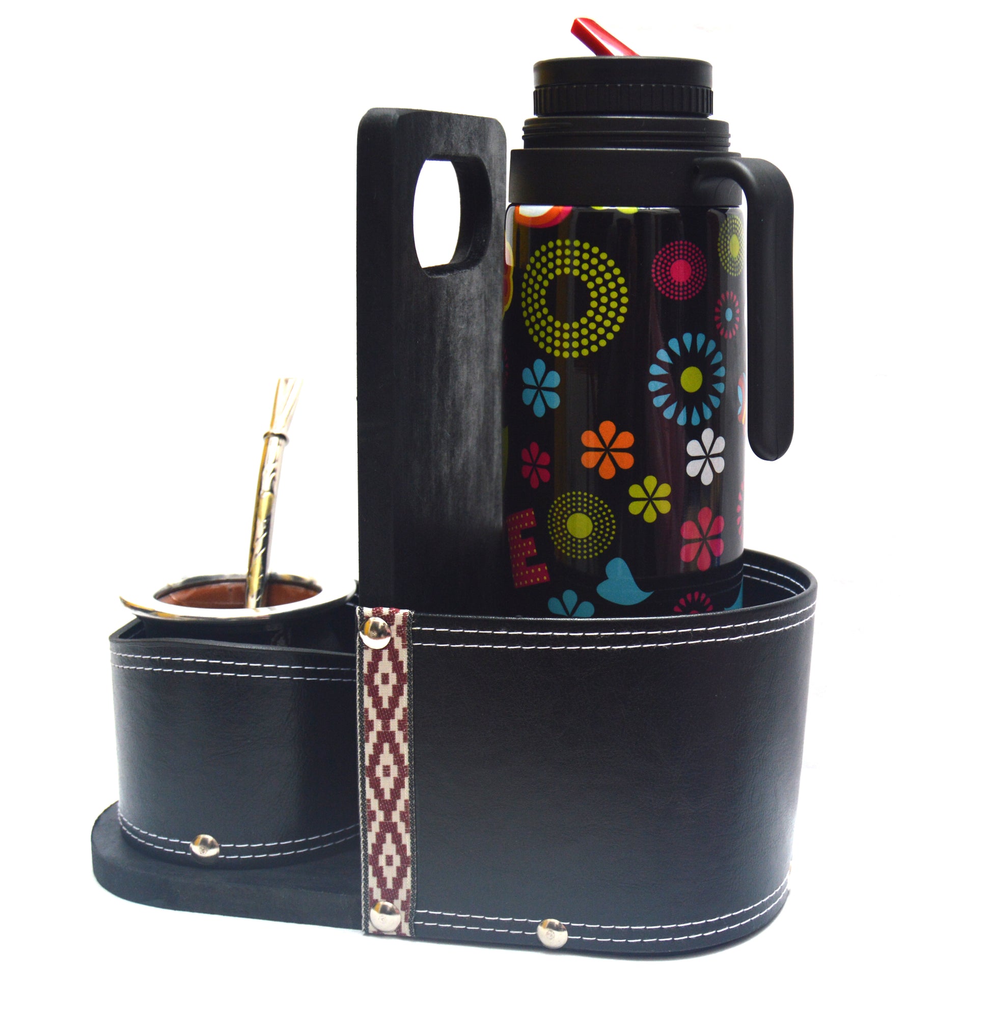 Set de Termo Floreado 1 Lt + Mate de Cerámica + Bombilla de Bronce + Matera de Auto