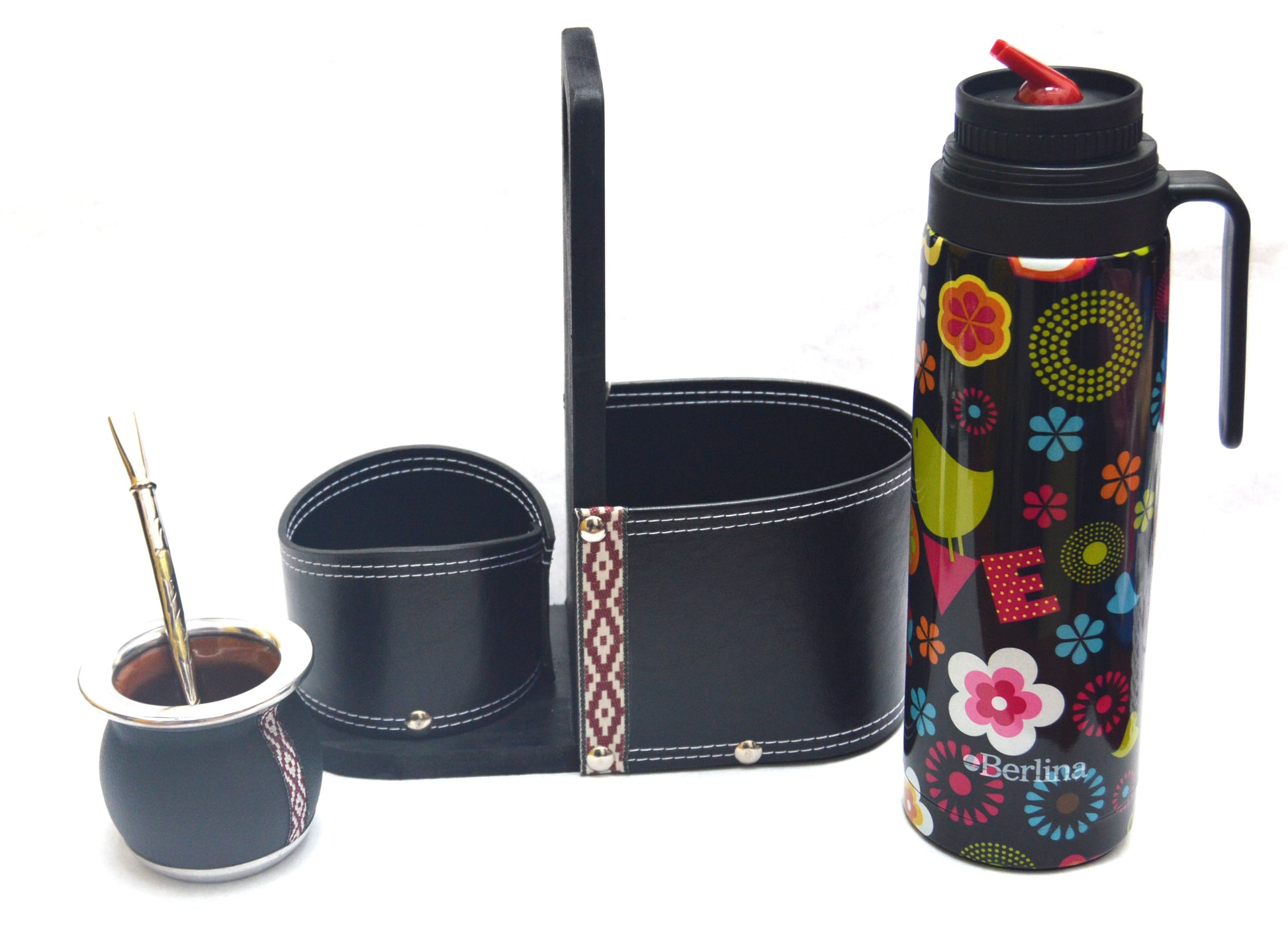 Set de Termo Floreado 1 Lt + Mate de Cerámica + Bombilla de Bronce + Matera de Auto