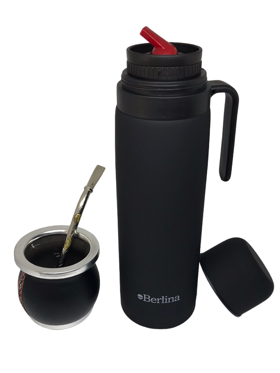 Set de Termo 1 Lt Negro Con Mate de Ceramica y Bombilla de Bronce