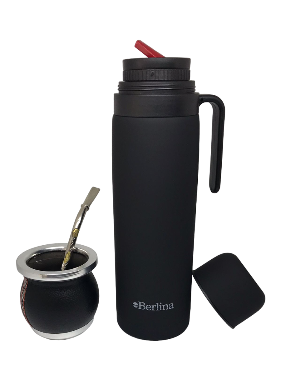 Set de Termo 1 Lt Negro Con Mate de Ceramica y Bombilla de Bronce