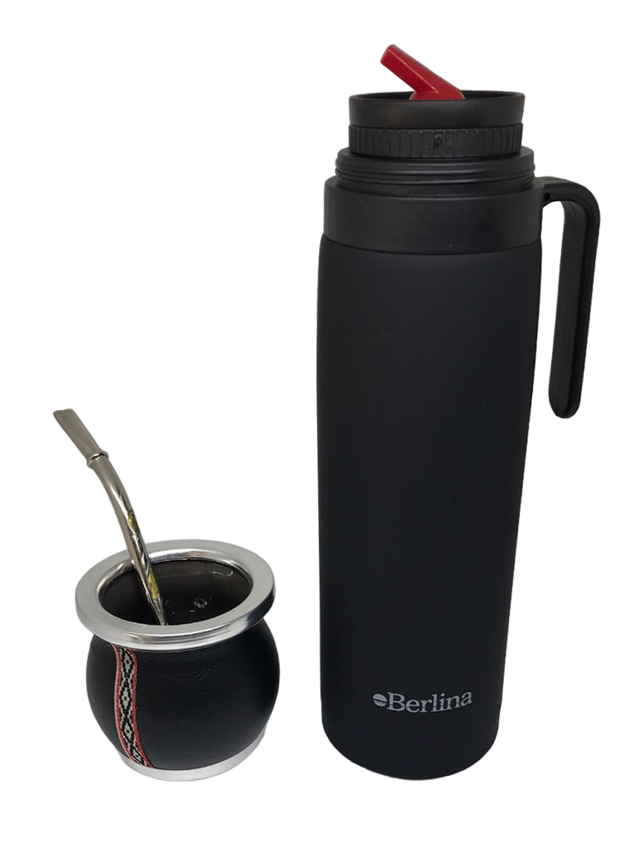 Set de Termo 1 Lt Negro Con Mate de Ceramica y Bombilla de Bronce