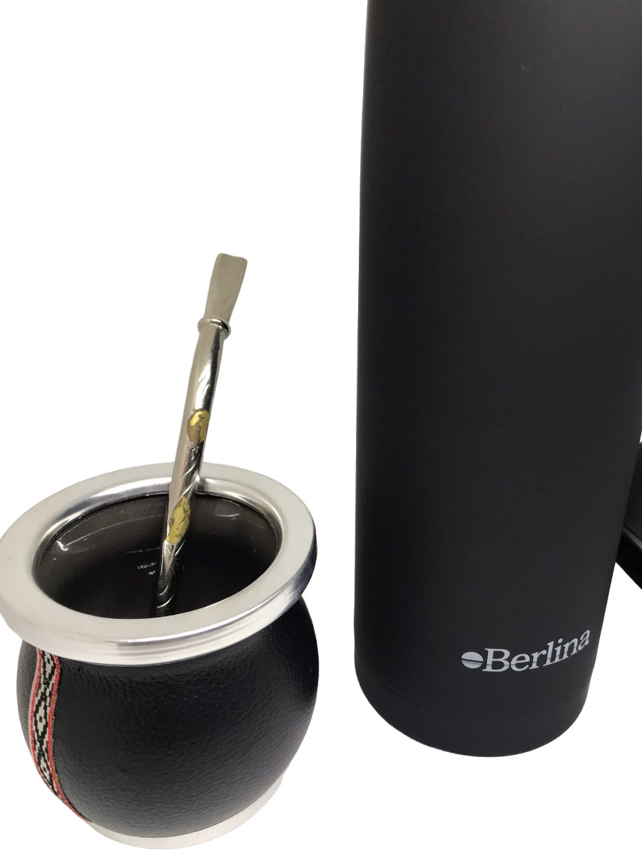 Set de Termo 1 Lt Negro Con Mate de Ceramica y Bombilla de Bronce