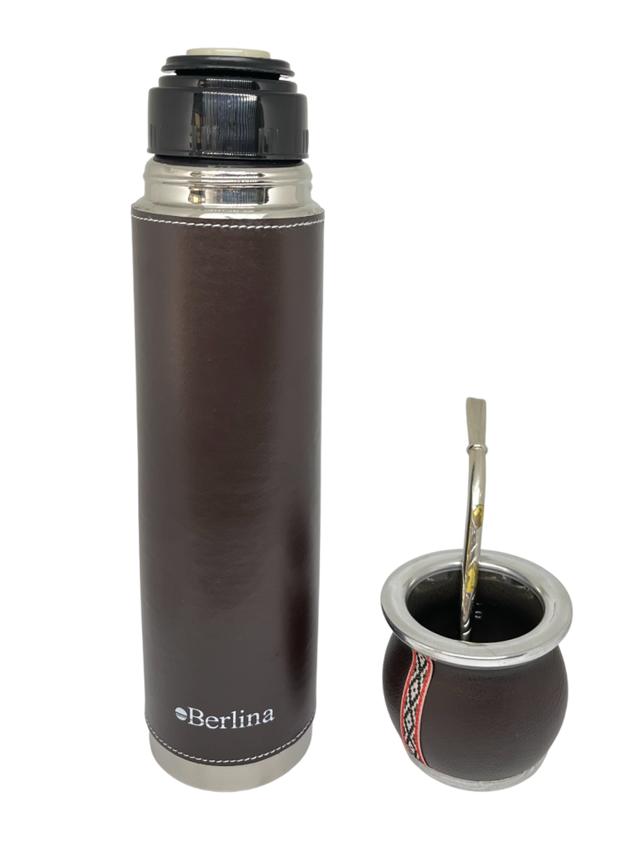 Set de Mate Con Termo de Cuerina 1 Lt y Bombilla de Bronce