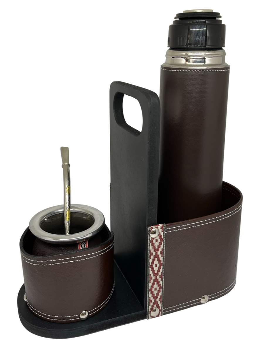 Set de Termo Cuerina 1 Lt + Mate de Ceramica + Bombilla de Bronce + Matera de Auto