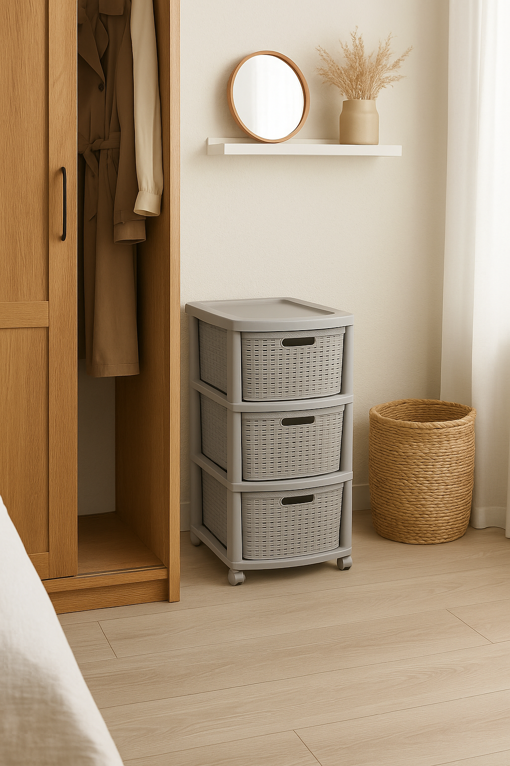 Cajonera Organizadora de Plástico Gavetero 3 Niveles Símil Ratan Rimax Taupe