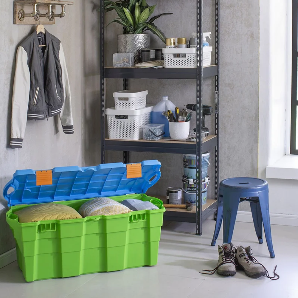 Baúl Organizador Plástico 100 Lts Wenco Con 2 Ruedas Verde Celeste